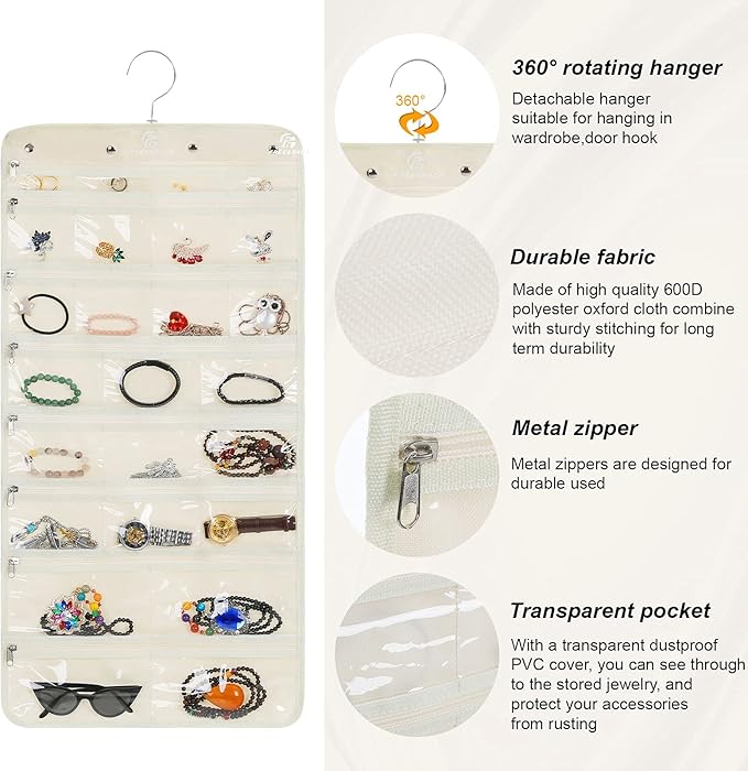 Freegrace Hanging Jewelry Organizer Revolving Hanger - Secure Zipper Closure - 25 Pockets,23 Hooks - Foldable Storage & Display Solution - For All Jewelry & Bijoux (Beige)