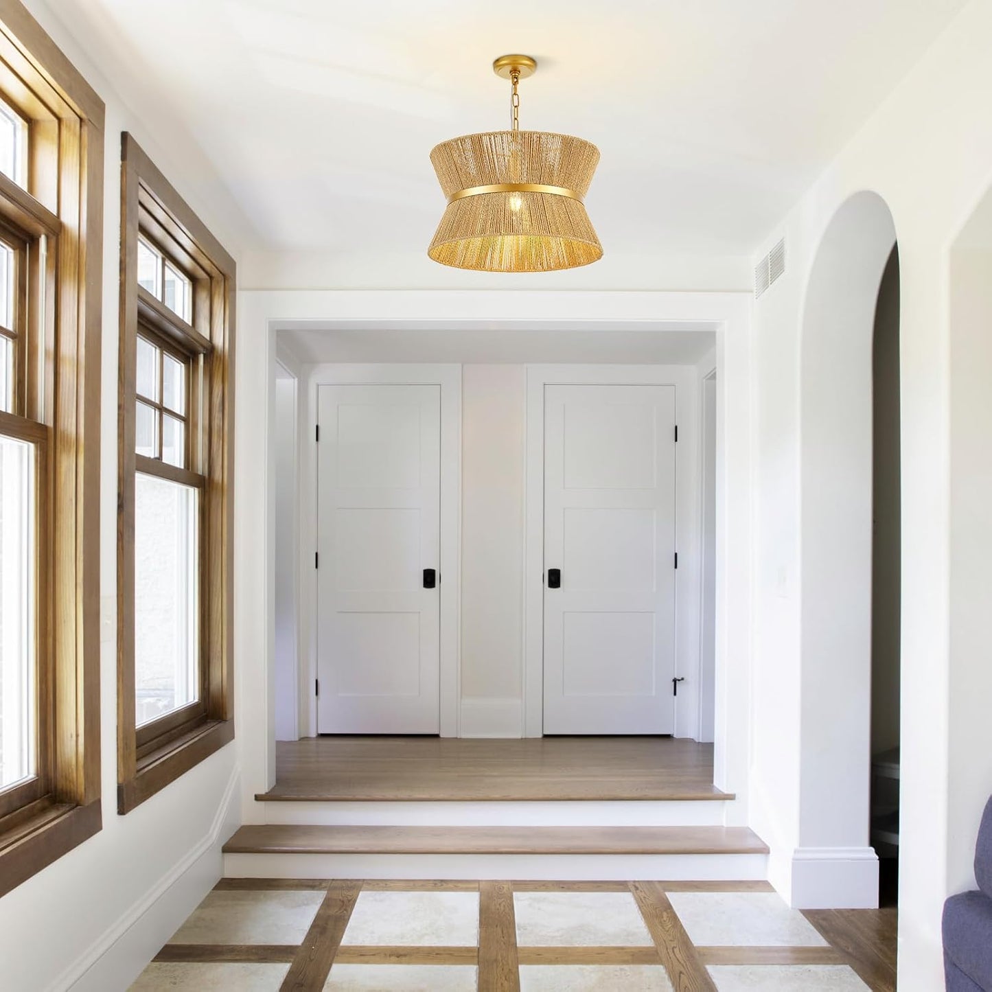 18” Hand Woven Rattan Boho Chandelier Brass Ajustable Pendant Light for Kitchen Island Living Room Bedroom Hallway, UL Listed