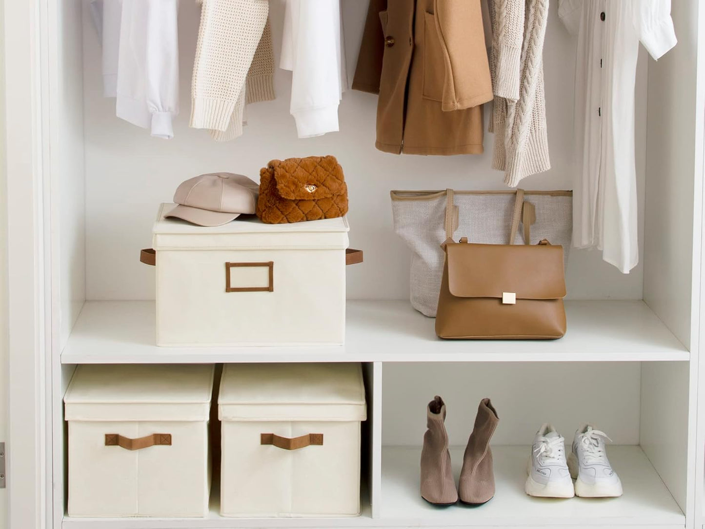 StorageWorks Storage Bins with Lids, Decorative Storage Boxes with Lid and PU Handles, Foldable Storage Baskets for Closet, Shelves, Stackable, Ivory, Jumbo, 3-Pack