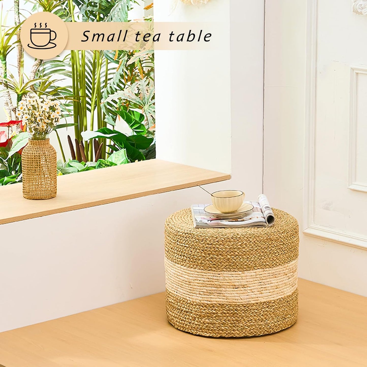 Handwoven Seagrass Ottoman Pouf, Round Outdoor Footstool with Sturdy Frame, No Assembly Needed, Boho Accent Stool for Indoor & Outdoor Use – Patio, Balcony, Living Room (Seagrass White)