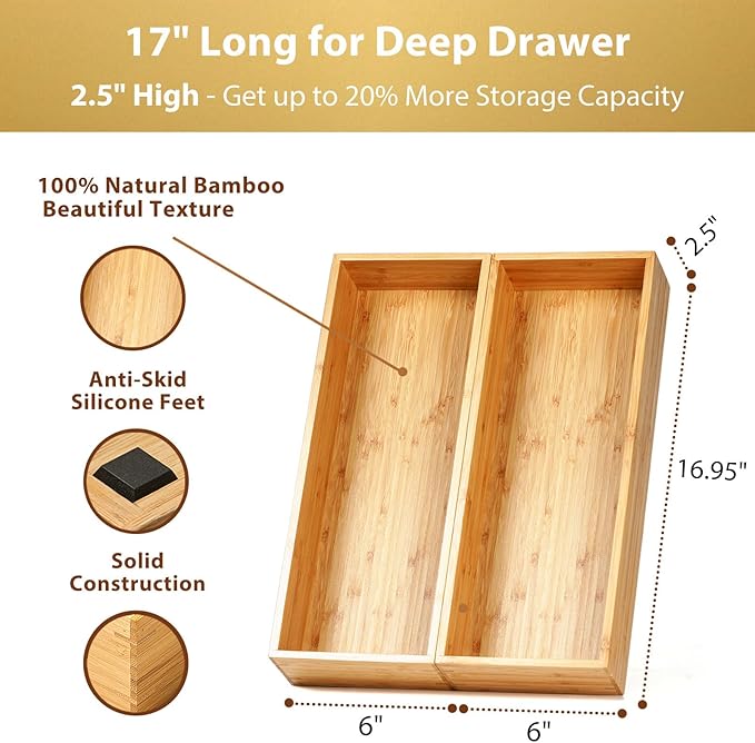 Umilife Bamboo Kitchen Utensils Organizer, Extra Long High Silverware Drawer Holder, Flatware Cutlery Storage Box, Multi-Use Drawer Divider in Office, Bathroom, Pantry - 17"x6"x2.5" (Set of 2)