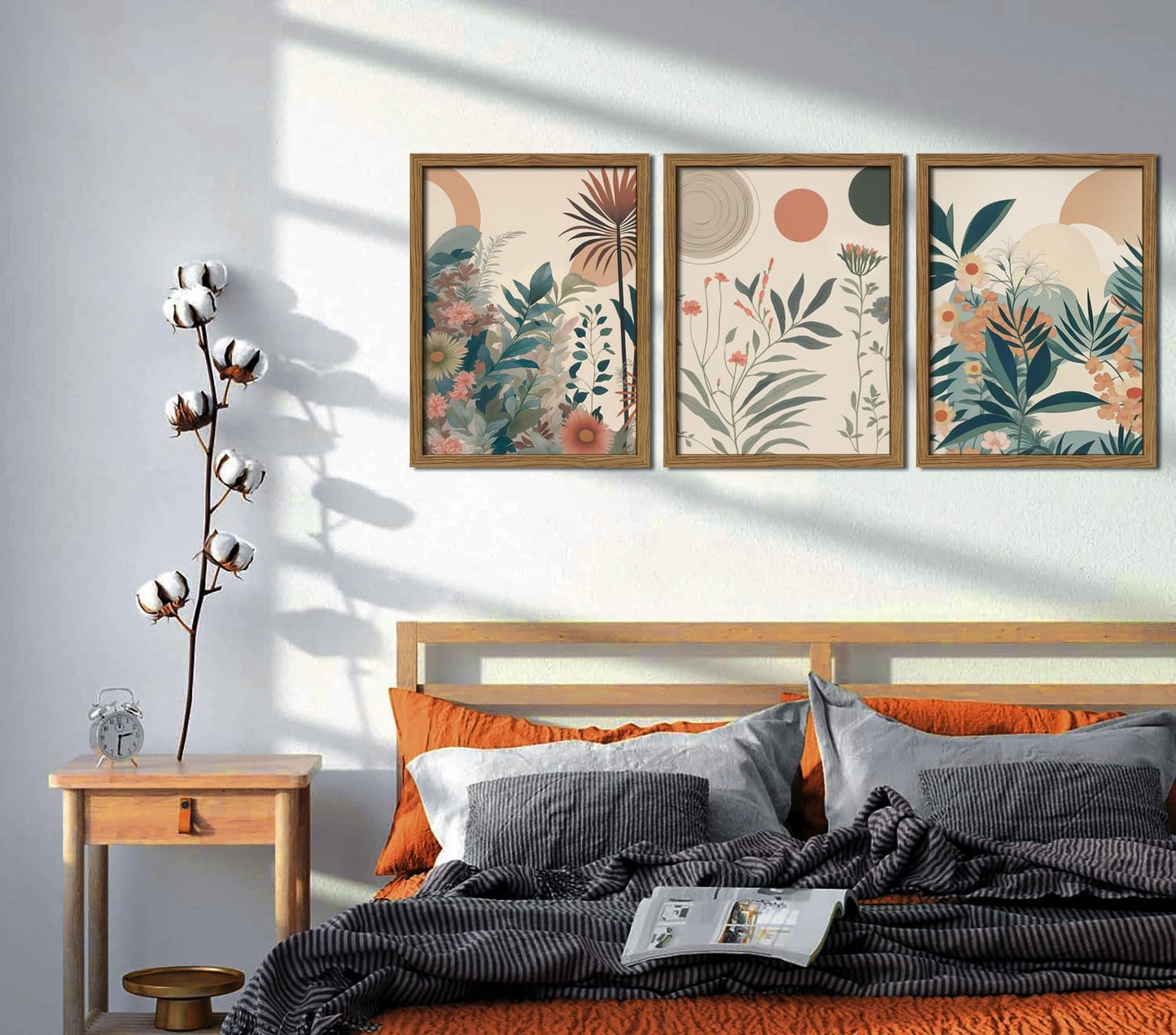 Marllifenney Wood Framed Orange Plants Canvas Wall Art Set of 3 Boho Botanical Wall Decor Abstract Floral Poster Modern Nature Prints Painting Picture for Living Room Bedroom Kitchen Office 16x24in