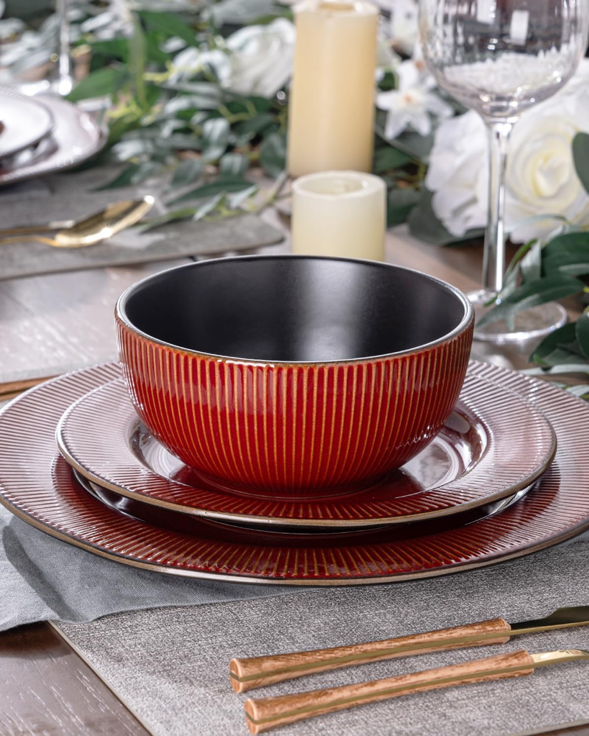 GBHOME Ceramic Dinnerware Sets,12 pcs Embossed Elegant Stoneware Plates and Bowls Sets, Housewarming Wedding Gift | Dishwasher & Microwave Safe | Dishes Set Service for 4