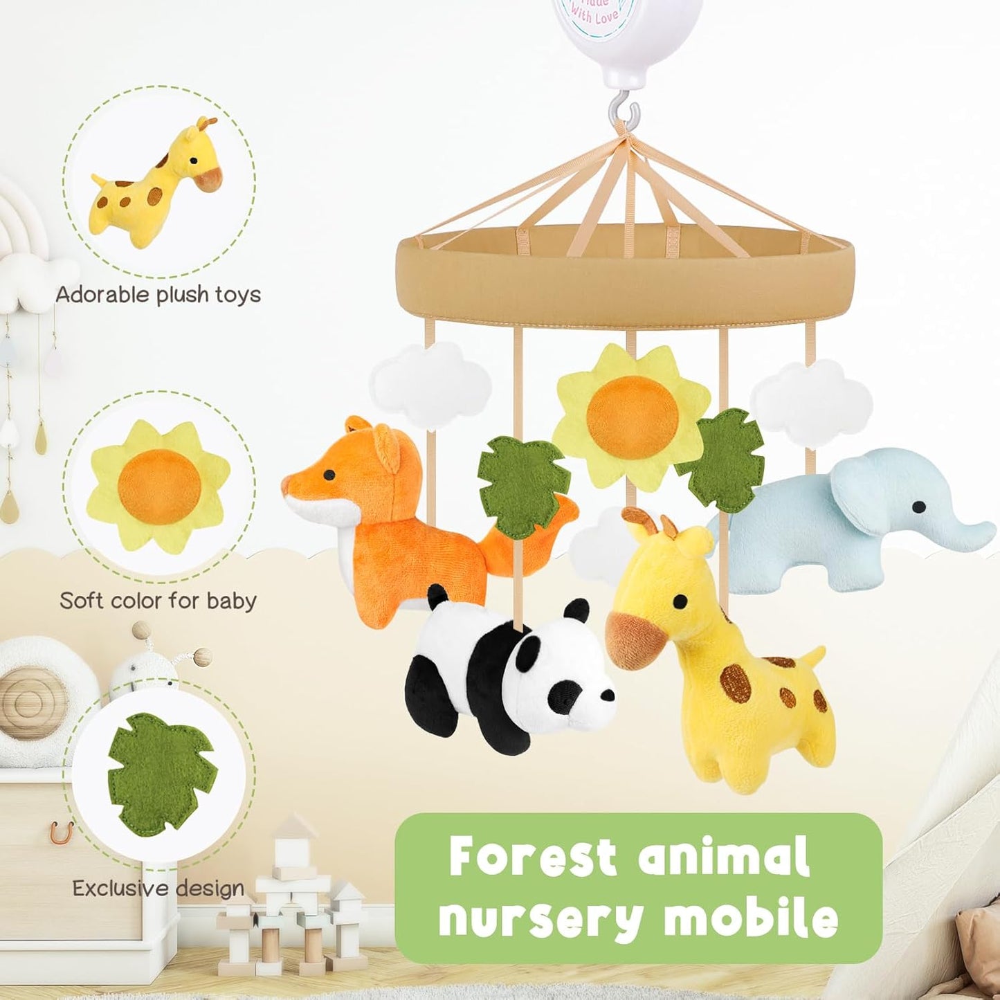 Animals Crib Mobile - Safari Baby Mobile for Crib with 12 Lullabies for Boys & Girls, Musical Baby Mobile for New Borns, Nursery Mobiles, Fits Standard Cribs