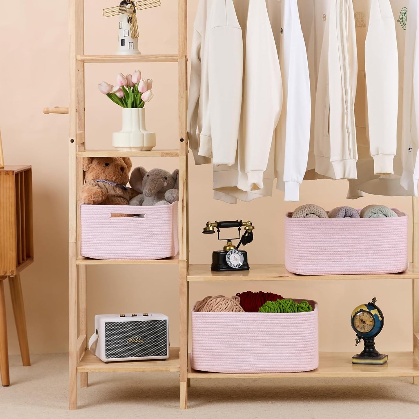 Large Storage Baskets for Organizing, Closet Shelf Baskets for Clothes Blanket Towels, Baby Nursery, Toy Bins Box, Woven Rope Baskets, 17 x 13 x 7.5”, 4 Packs Light Pink
