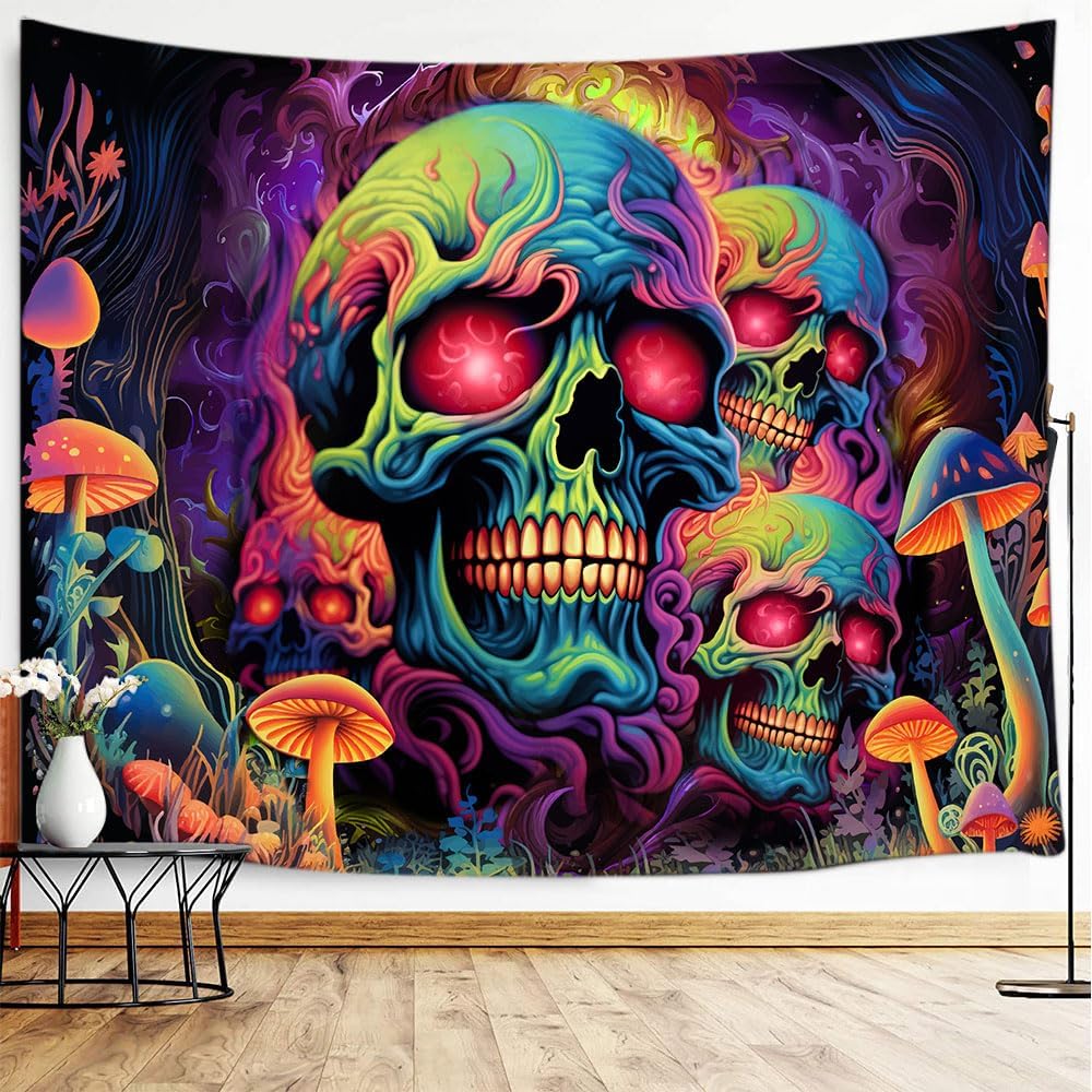Skull Blacklight Tapestry, UV Reactive Skeleton Wall Art for Bedroom, Adults' Black Light Posters, Halloween Horror Glow in Dark Tapestry Aesthetic Living Room Dorm Decor 60x40IN