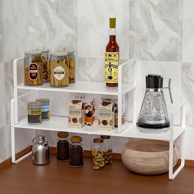 iPEGTOP Expandable Cabinet Storage Shelf Organizer Rack, Heavy Duty Steel Metal Spice Rack Adjustable Height Pantry Garage Shelf Space Riser for Counter Kitchen Organization, White, 1 Pack