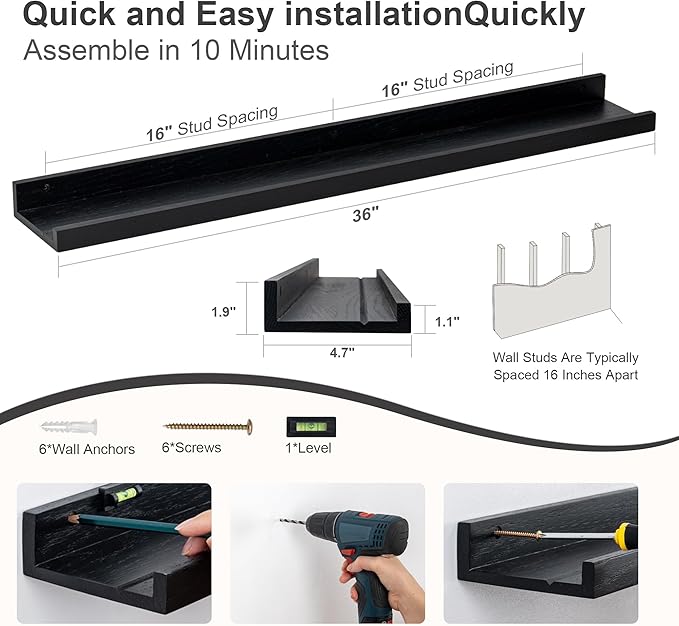 Floating Picture Ledge Shelves 36 Inch Solid Oak Wood Set of 2, Rustic Wall Storage Shelves with Lip, Kids Bookshelf, Photo & Picture Ledge Shelves for Bedroom, Living Room, Kitchen