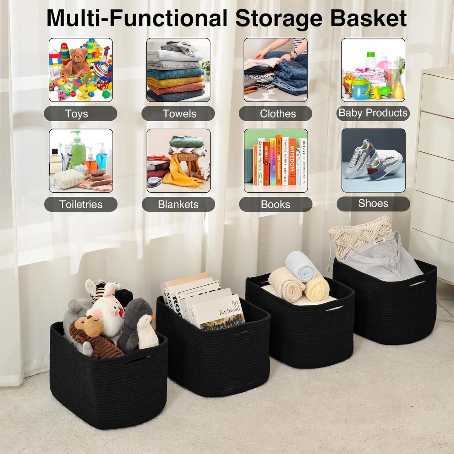 Storage Baskets for Organizing & Shelves, Woven Cotton Rope Organization Bins for Dog Toys, Clothes, Books, Nursery Organizer, 15" Lx11''Wx9.5''H, (4 Packs) Black