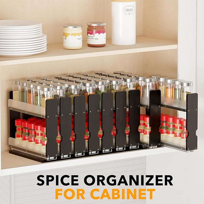 SpaceAid Bamboo Pull Out Spice Rack Organizer for Cabinet, Heavy Duty Slide Out Seasoning Kitchen Pantry Sliding Vertical Organization, 7.6" Wide, 3 Drawers(2" Wide), 2-Tier, Black