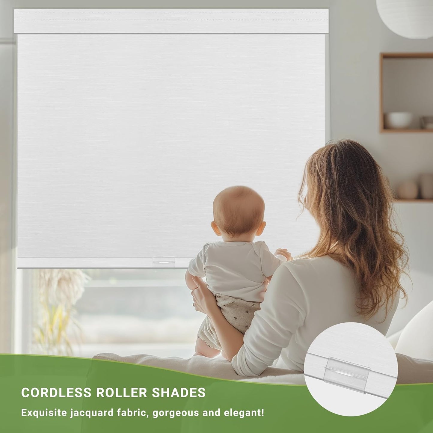 Blackout Roller Shades for Indoor Windows, Cordless Jacquard Fabric-Matched Roller Blinds, Easy to Install Privacy UV Protection Roll Up Blinds for Home Office, Pure White, 22" W x 72" H