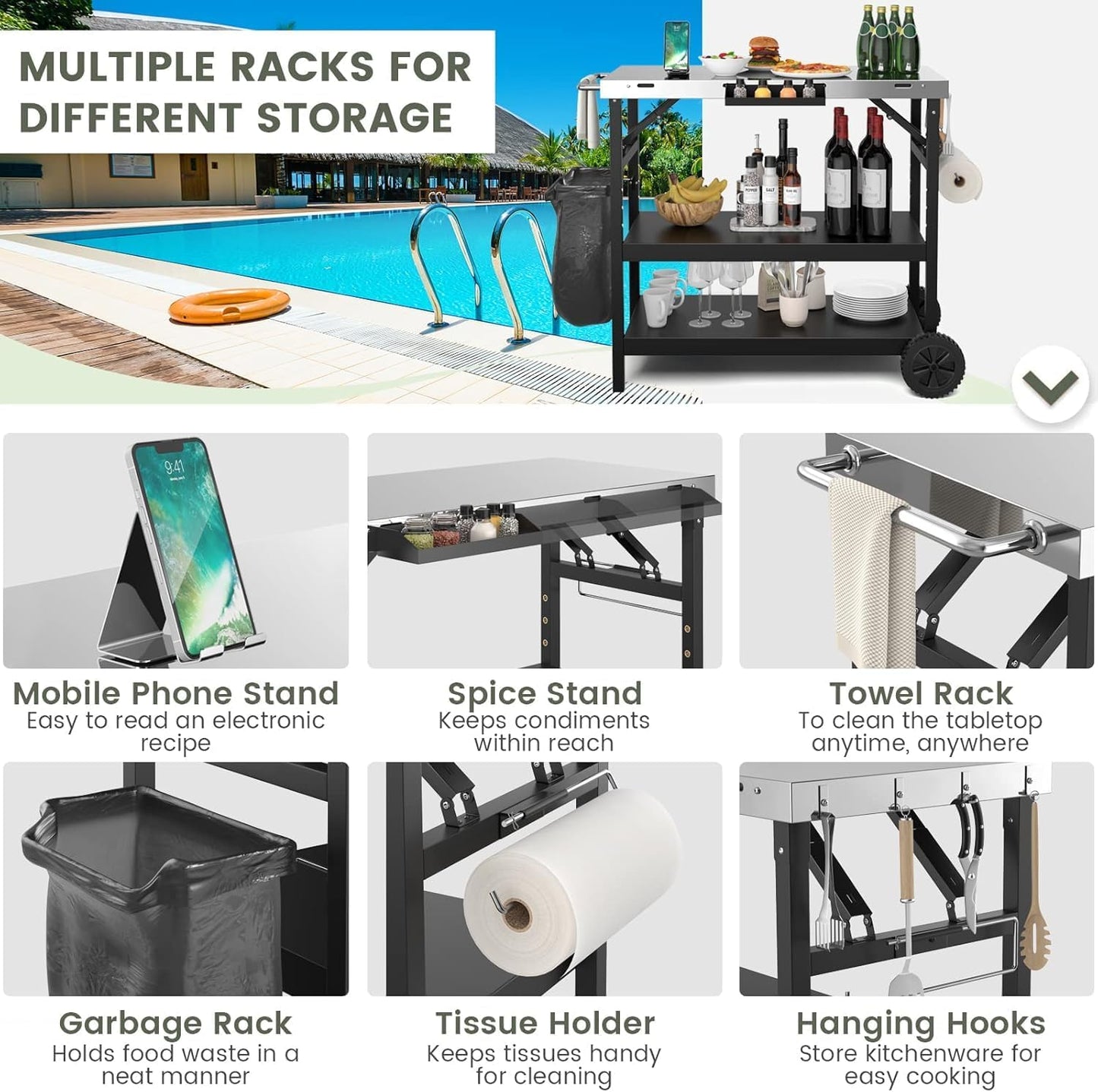 ERGOMASTER Grill Table Cart, Outdoor Kitchen Island with 4-Position Adjustable Shelf, Stainless Steel Serving Cart for Patio Garden