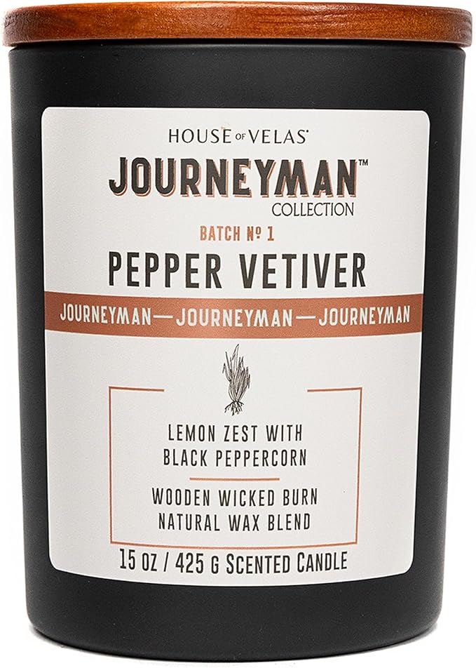 Journeyman Collection Candle, 15oz, Wooden Wick, Pepper Vetiver, Large Painted Jar