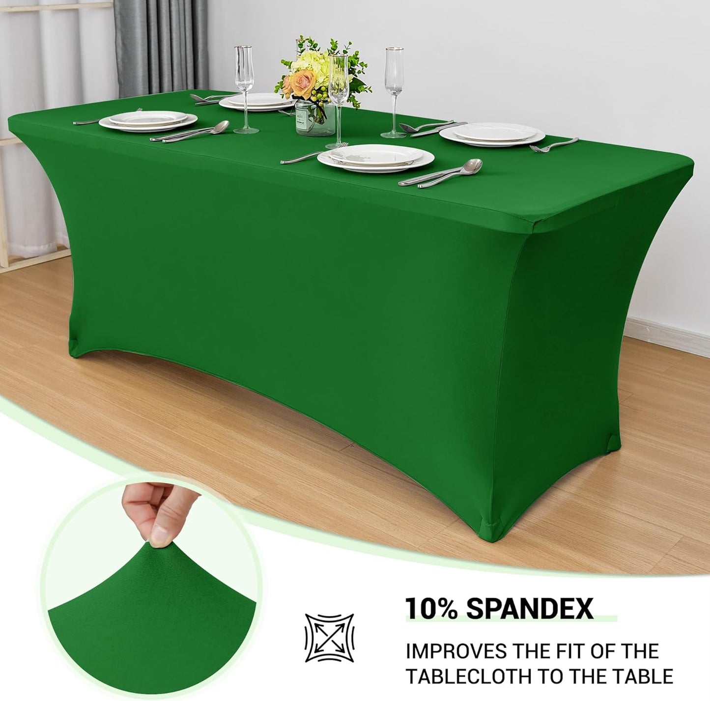 Obstal 6ft Stretch Spandex Table Cover for Standard Folding Tables - Universal Rectangular Fitted Tablecloth Protector for Wedding, Banquet and Party, 72L x 30W x 30H Inches, Emerald Green, 2pc