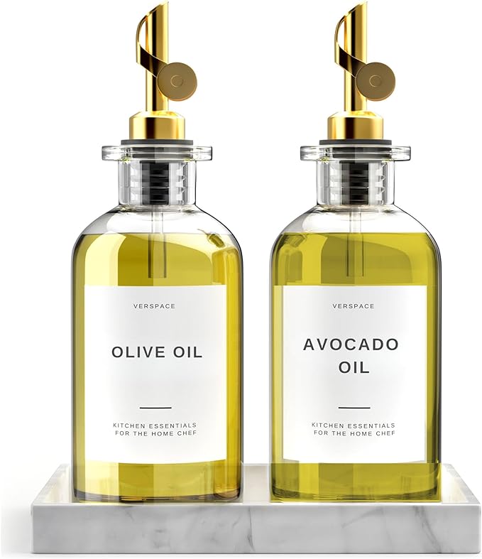 Olive Oil Dispenser For Kitchen With Silicone Tray & 40 Labels, Soy Sauce Dispenser, Coffee Syrup Dispenser, Olive Oil Bottles Set Of 2, Gold 500ml / 17oz