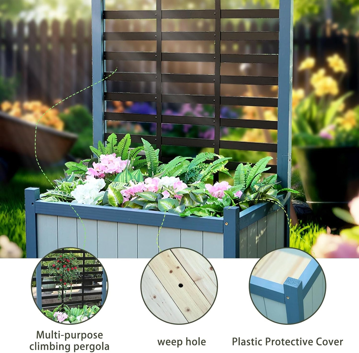 Wood Planter with Trellis Raised Garden Bed for Climbing Plants Elevated Wooden Planter Box,Outdoor Gardening Planting Bed to Grow Vegetables Climbing Plants Herbs Flowers (Blue)