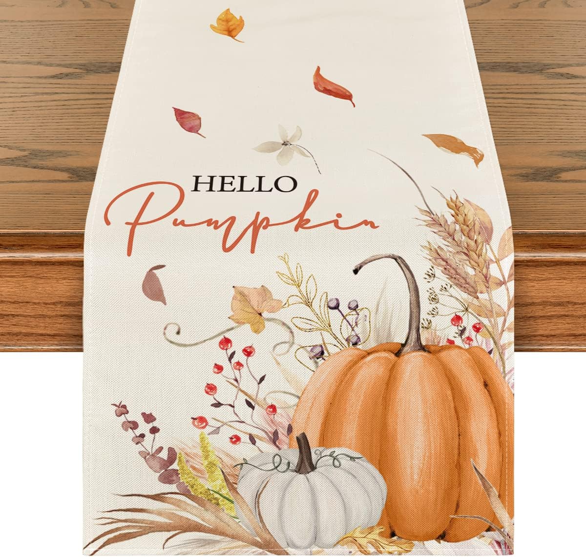 Artoid Mode Hello Pumpkin Flowers Leaves Thanksgiving Table Runner, Seasonal Fall Harvest Vintage Kitchen Dining Table Decoration for Indoor Outdoor Home Party Decor 13 x 36 Inch