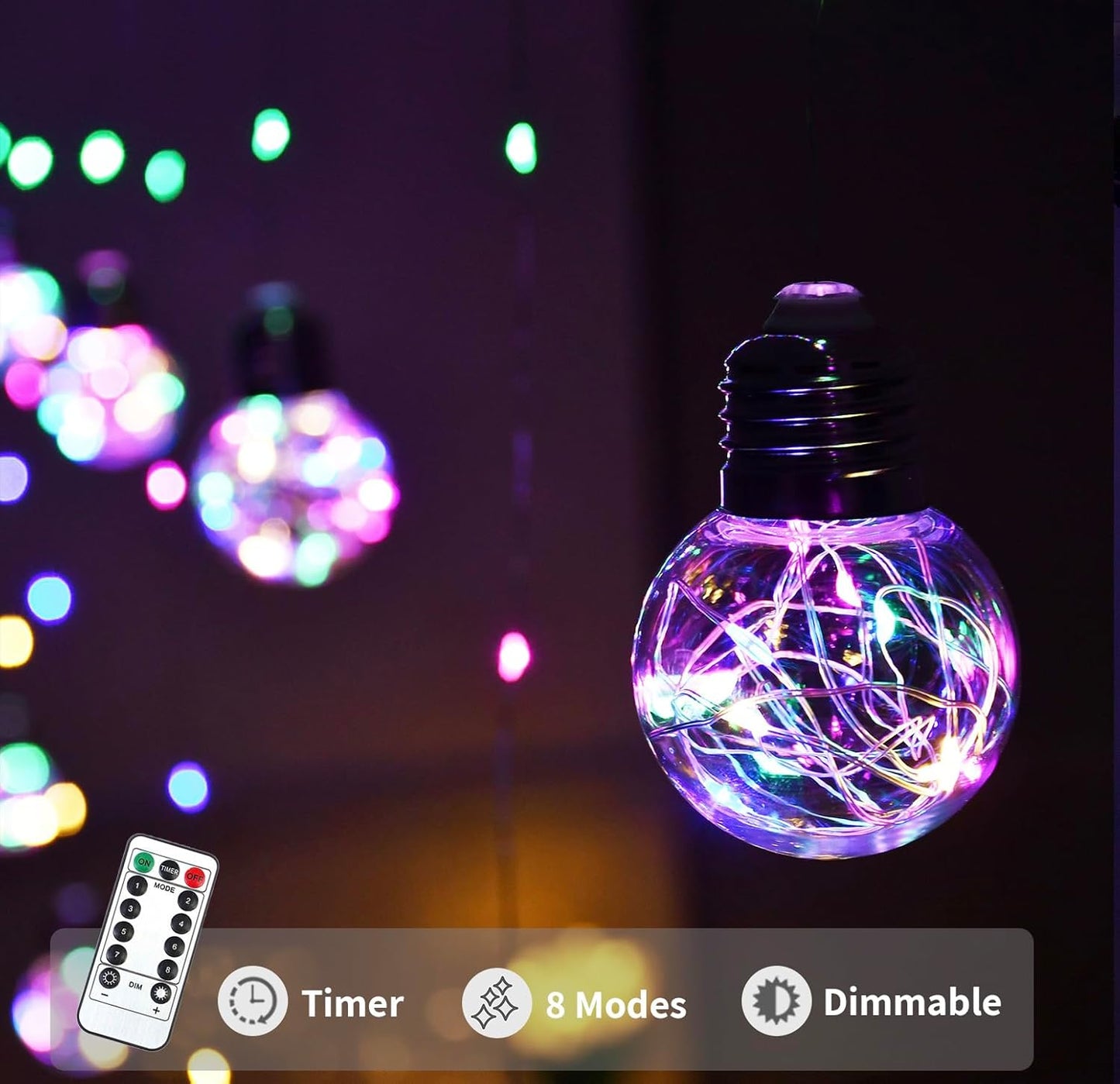 YOLIGHT Wishing Ball Curtain Lights 200 LED Window Curtain String Light with Remote, USB Battery Powered Twinkle Globe Fairy Lights for Wedding Party Bedroom Christmas Decoration (Multi-Colored)