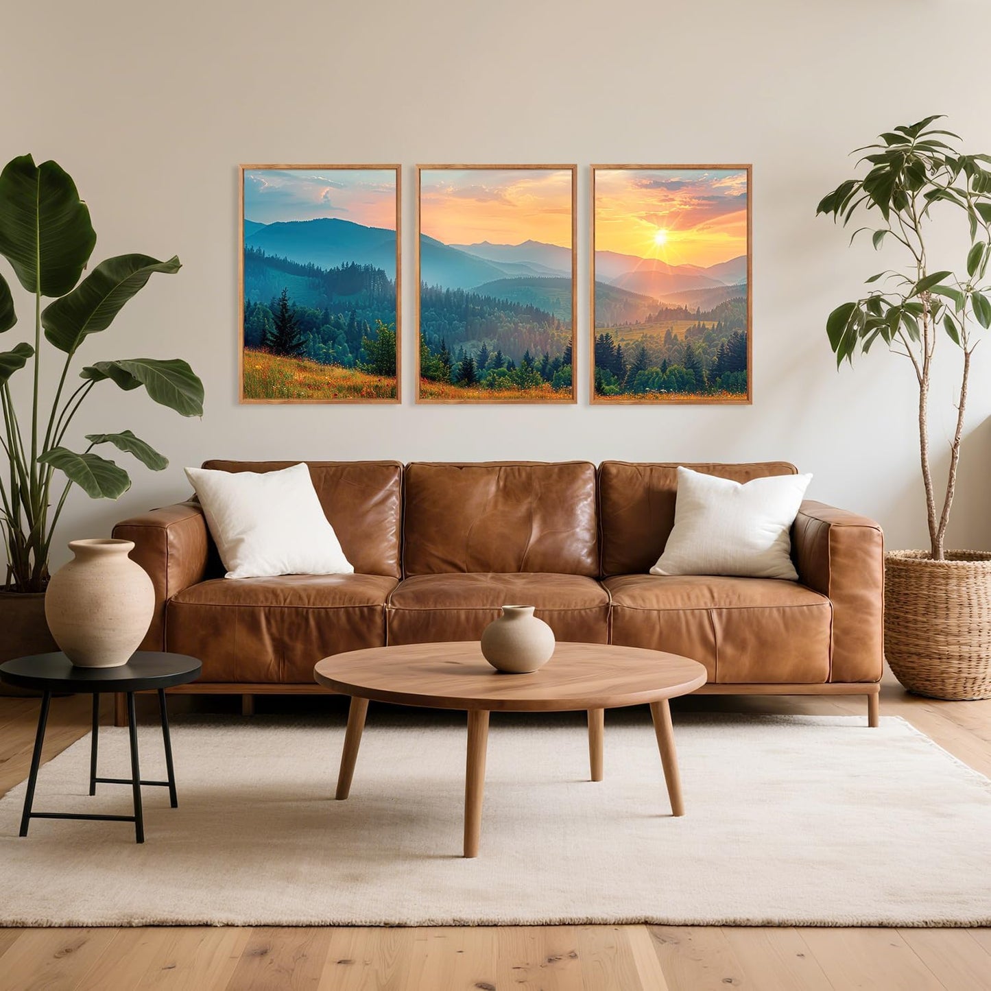 Aurlan Boho Mountain Sunset Landscape Framed Wall Art(16"x24"), 3PCS Green Blue Ridge Grand Teton National Park Canvas Artwork, Abstract Modern Watercolor Nature Forest Scenery Decor for Home Office Bedroom