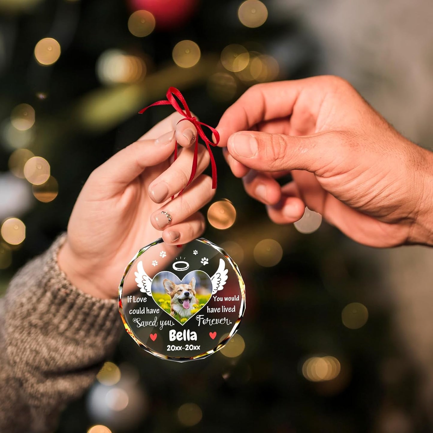 Personalized Memorial Pet Glass Ornament - Custom Picture Christmas Ornaments, Dog Forever in Our Hearts Hanging Ornament Xmas Tree Decor for Dog Lovers