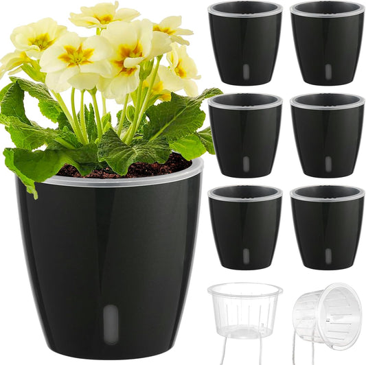 Self Watering Pots for Indoor Plants, 6-Pack 5'' Self Watering Planter with Drainage Holes, Small African Violet Pots with Water Indicator, Clear Wick Orchid Pot, Black