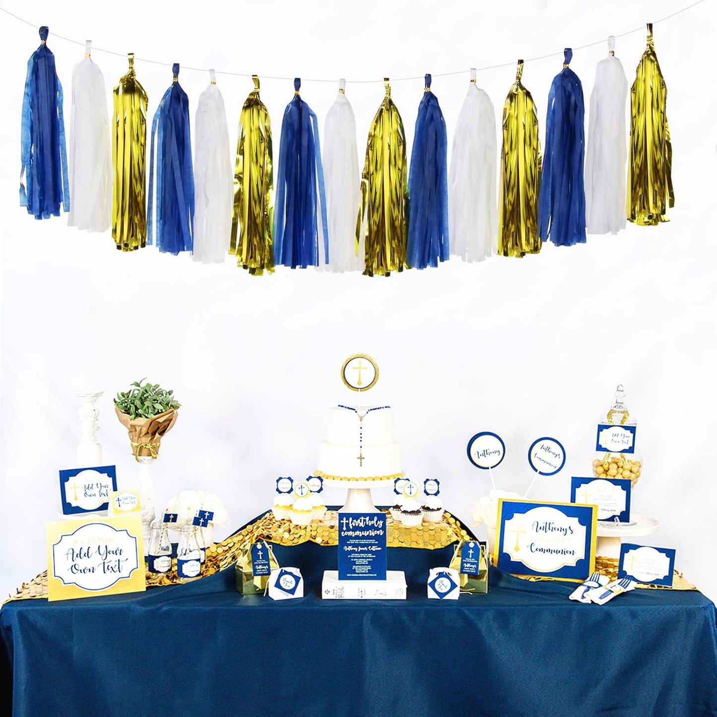 Navy-Blue White-Gold Tassel Garland Streamers- 15pcs Tissue Paper Tassels Banner Party Decorations Men Boy Birthday Graduation Bachelorette Engagement Backdrop Hanging Decor Panduola