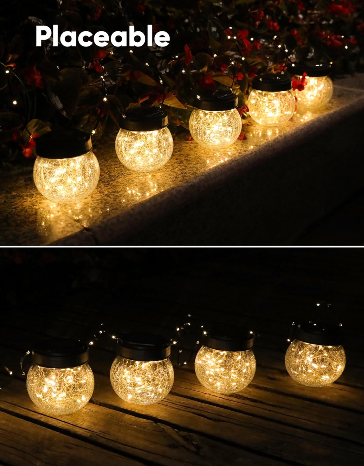 PARTPHONER Solar Lanterns Solar Lights Outdoor Waterproof 18-Pack, Solar Powered Hanging Lights Cracked Glass Hanging Globes for Christmas Decoration, Shepherd Hook, Garden Tree Ornaments