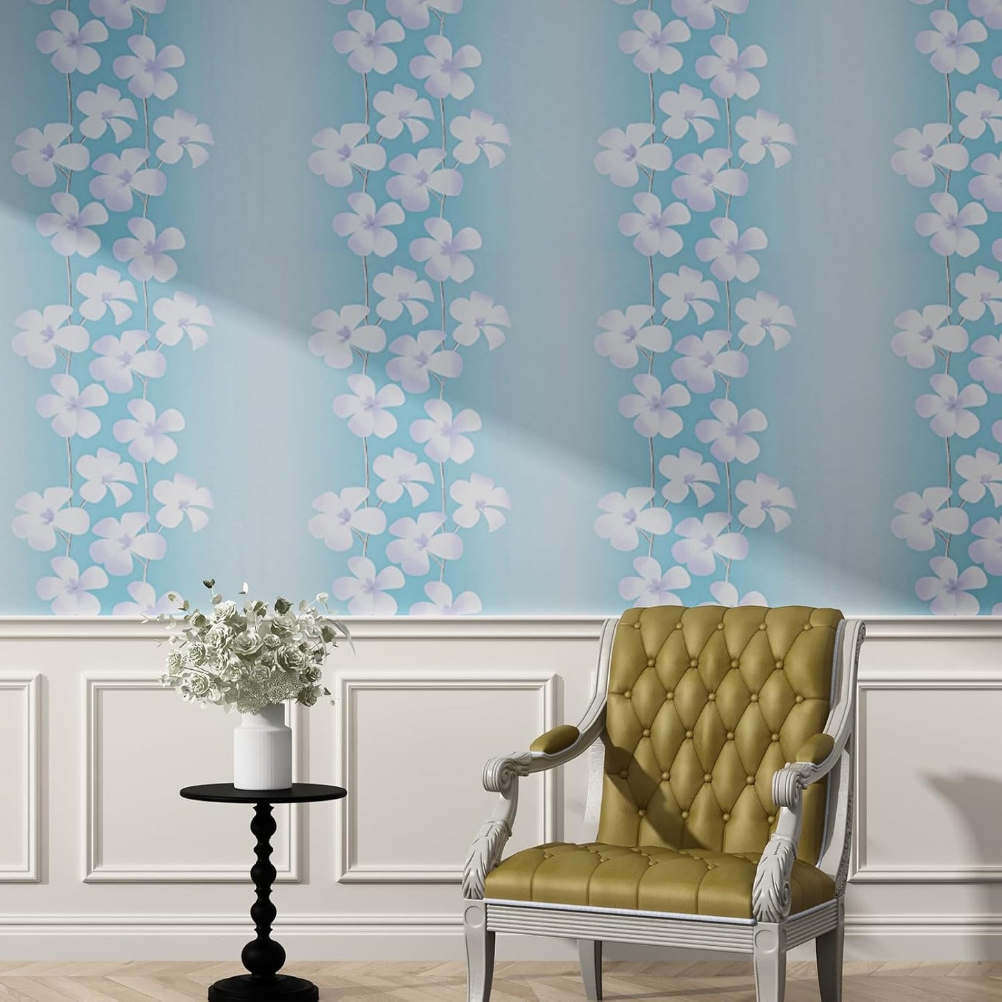 Blue Flora Peel and Stick Wallpaper 20.8"x394" Thick Slight Embossed Linen Textured Wall Paper Self-Adhesive Removable Wallpaper Vinyl Film Roll for Home Use(Blue Flora, 20.8"x394")