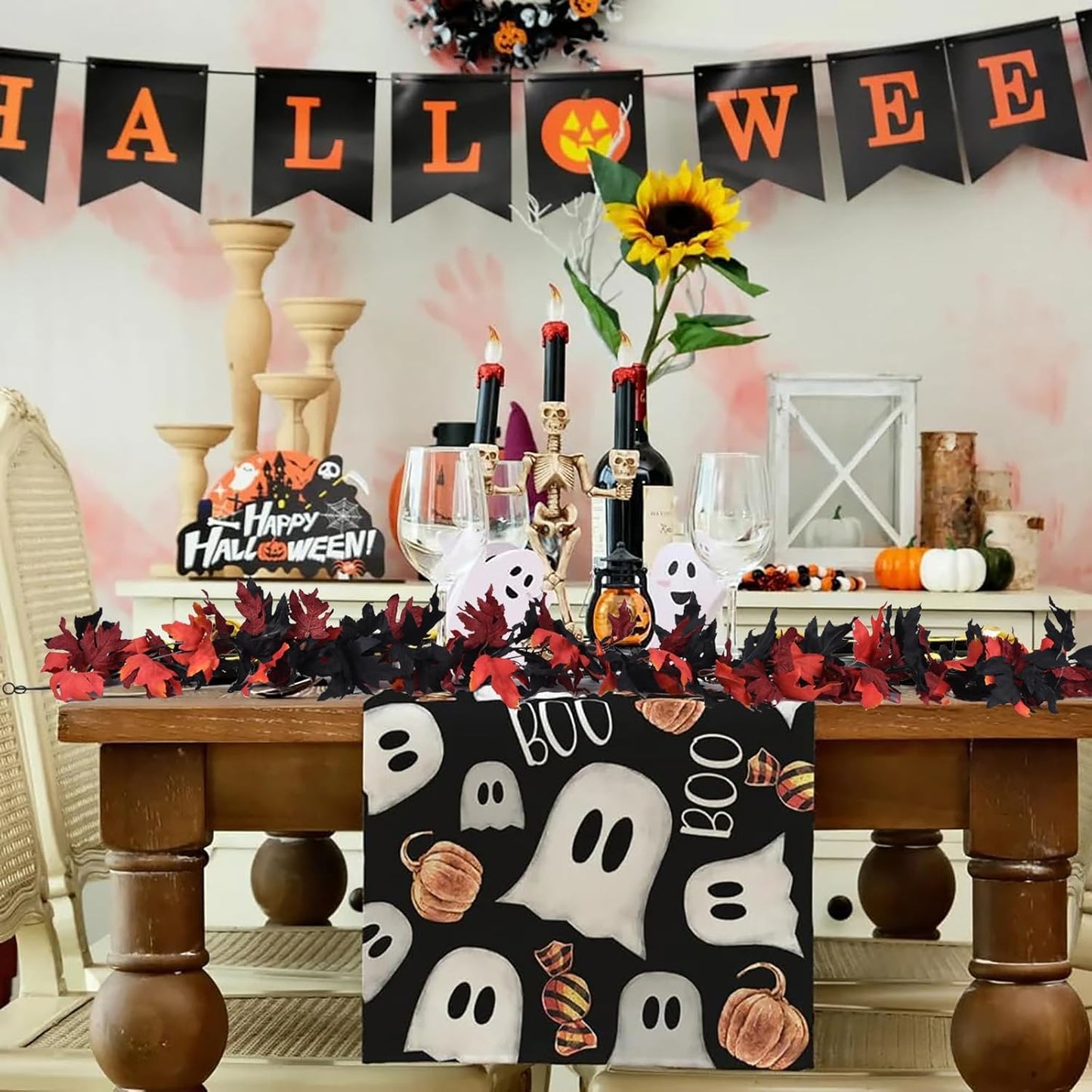 Lvydec 2 Pack Halloween Fall Maple Garland - 5.9ft/Piece Artificial Hanging Fall Leave Vines Garland Autumn Decor for Thanksgiving Home Wedding Party