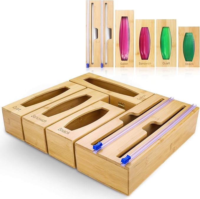 Individual Storage Bag Organizer for Kitchen Drawer, Bamboo with Foil and Plastic Wrap Organizer for Kitchen Organizers and Storage, for Gallon, Quart, Sandwich, Snack