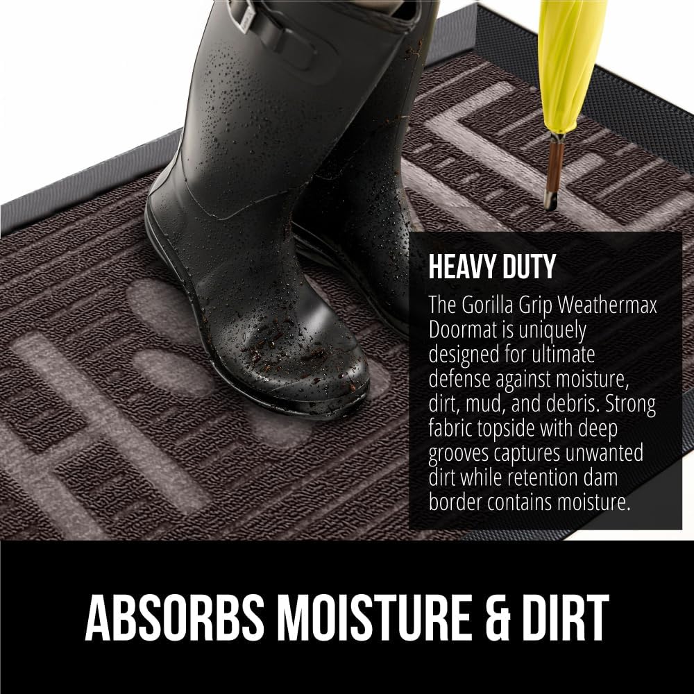 GORILLA GRIP 100% Waterproof All-Season WeatherMax Doormat 35x23, US Designed Natural Rubber, Stain and Fade Resistant, Low Profile Indoor Outdoor Door Mats, Easy Clean Patio Mat, Espresso Home Paw