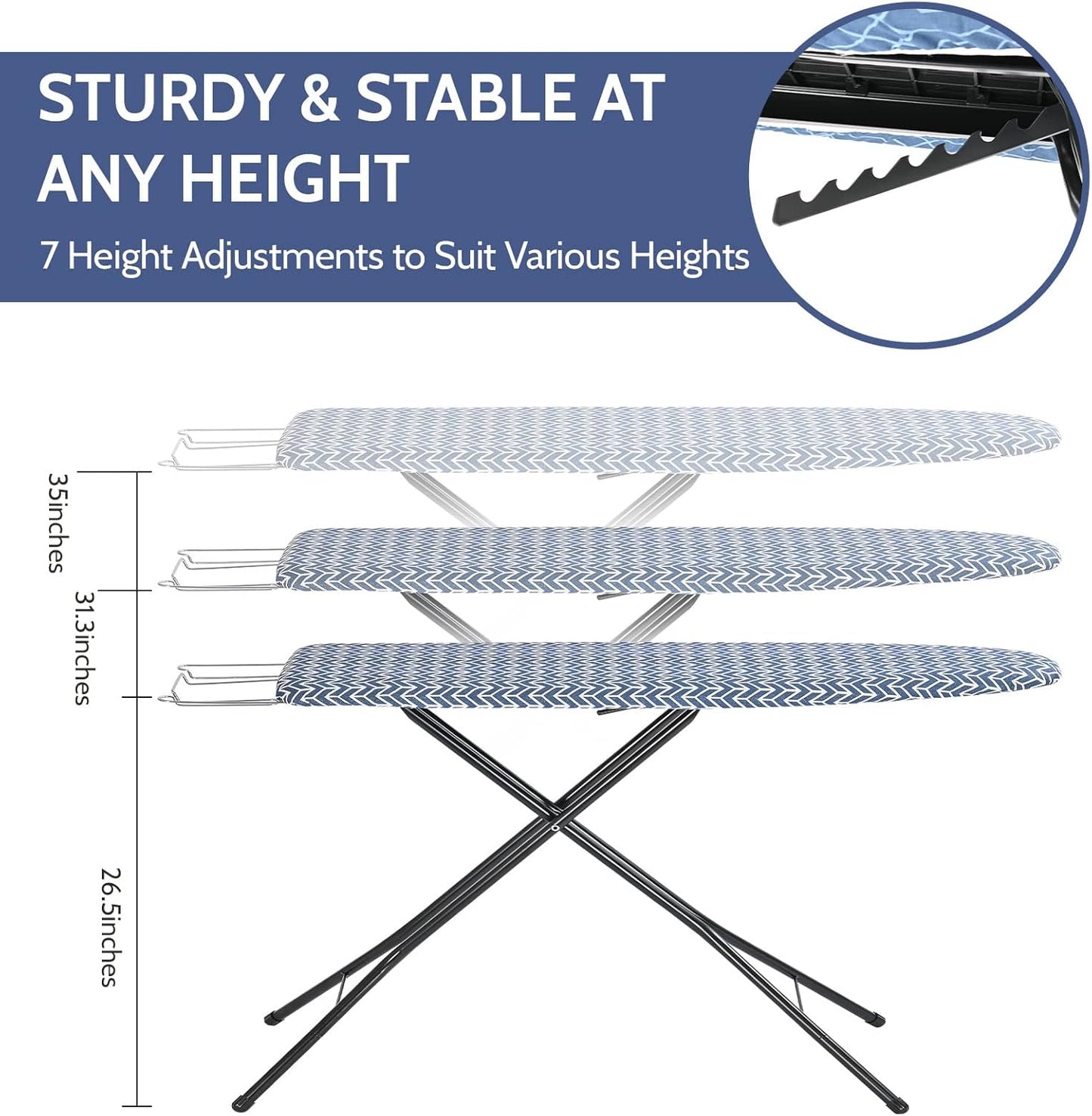 APEXCHASER Ironing Board, Full Size Iron Board with Iron Rest, lightweight Ironing Board with Height Adjustable, Extra Thick Heat-Resistant Cover with Padding, Heavy-Duty Sturdy Metal Legs, 43x13 Blue