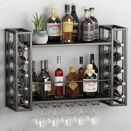 Wall Mounted Wine Rack, Wine Rack Wall Mounted with Wine Glass Rack, 2-Tier Multi-Functional Shelf for Home Restaurant Bar Storage Rack,Black (40”W x 9.8”D x 21.65”H)