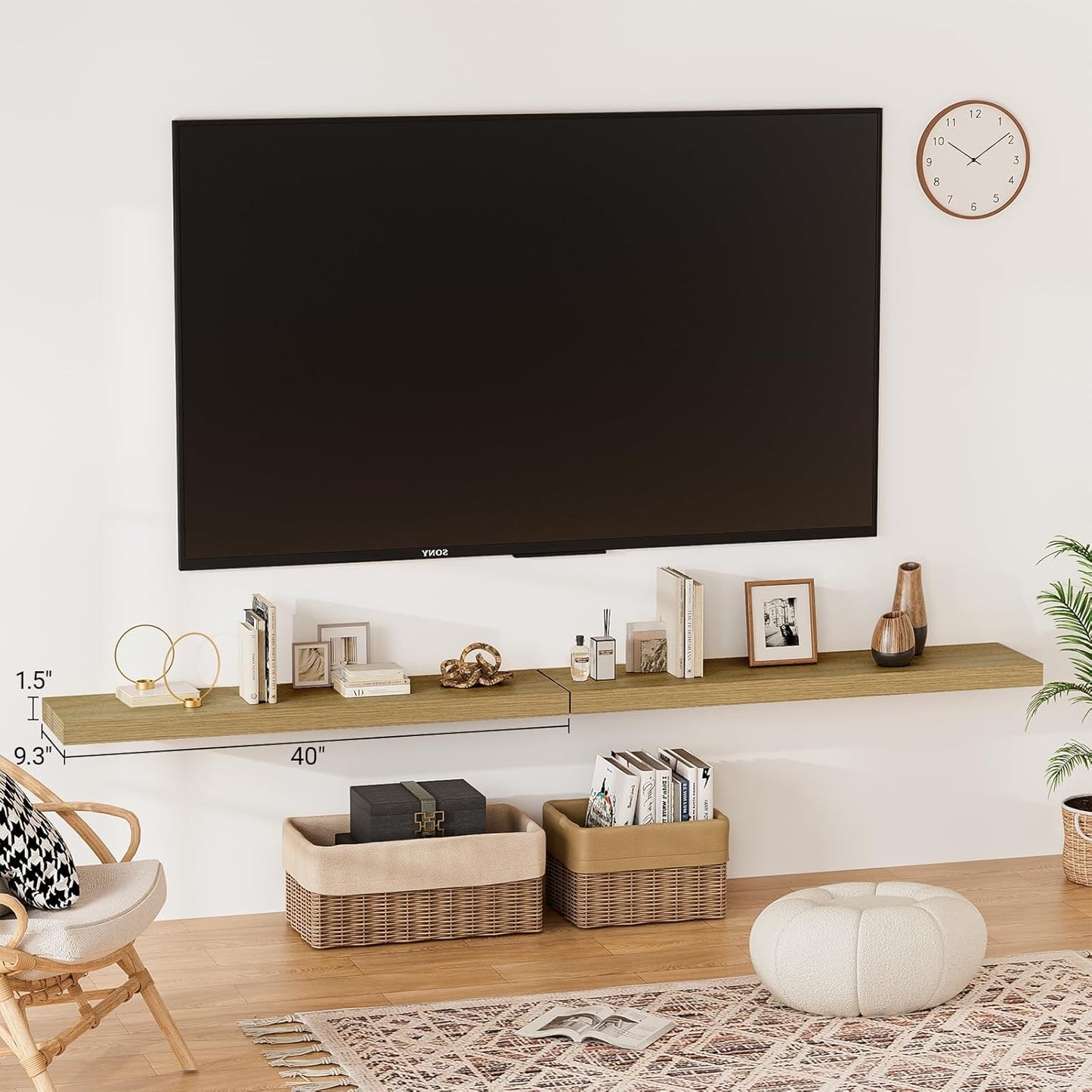 Heimlove 40 Inches Floating Shelves for Wall,9.3" Deep Oak Long Floating Shelves Set of 2,Large Display & Storage Shelf,Wall Shelf for Bathroom Bedroom Living Room Kitchen Office