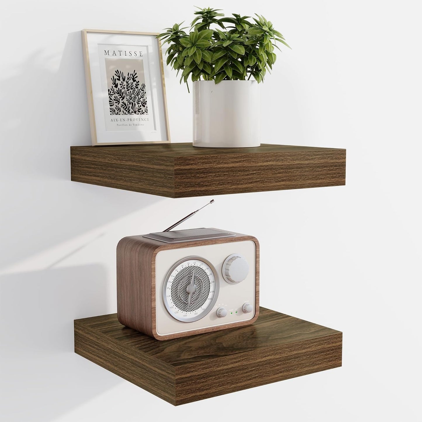 Marsmiles 6.7" Floating Shelves for Wall, Wooden Shelves with Invisible Brackets Set of 2, Rustic Farmhouse Wall Mounted Shelf for Kitchen Bathroom Living Room Study, Walnut