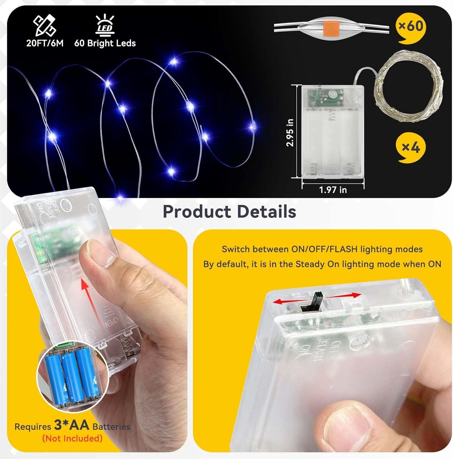 4 Pack 60LED Christmas Fairy Lights Battery Operated - 20FT Twinkle Lights with 2 Lighting Modes Indoor Outdoor, Waterproof Led Fairy String Lights for Bedroom, Classroom, Dorm, DIY Decor, Blue