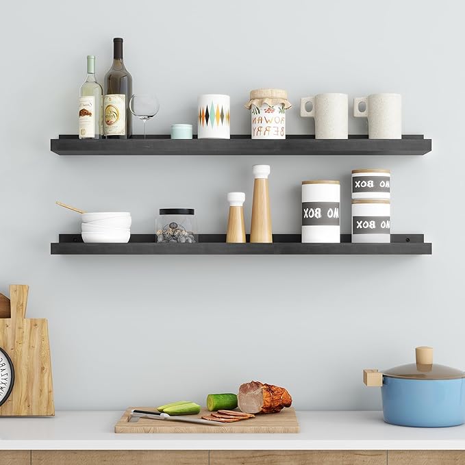 Picture Ledge Shelf for Wall, 36 inch Solid Pine Wood Nursery Book Shelves 2 Packs, Floating Ledge Shelves for Kids' Room Bedroom Bathroom Living Room Photo Frames Office Nursey Wall Decor, Black