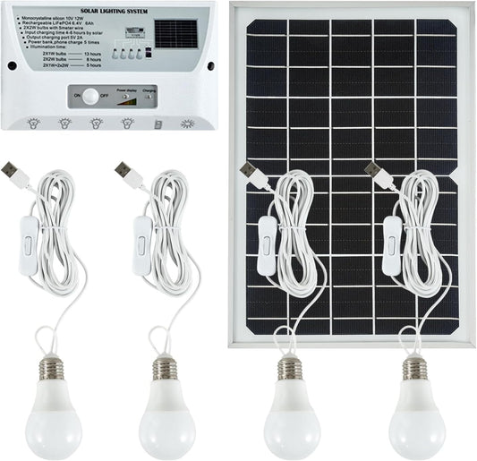 Solar Powered Indoor & Outdoor Pendant Lights with 4 LED Bulbs, Each 5m Cord, Waterproof, 6000mAh Battery for Yards, Gardens, Patios, Camping, RVs & Sheds