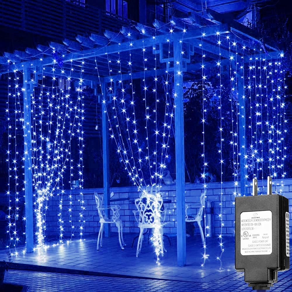 Solhice LED Curtain Lights Blue Outdoor 20ft x10ft, 600 LED Plug in Christmas Hanging String Lights Indoor, Twinkle Lights Backdrop for Backyard Wedding Bedroom Décor (Not Connectable)
