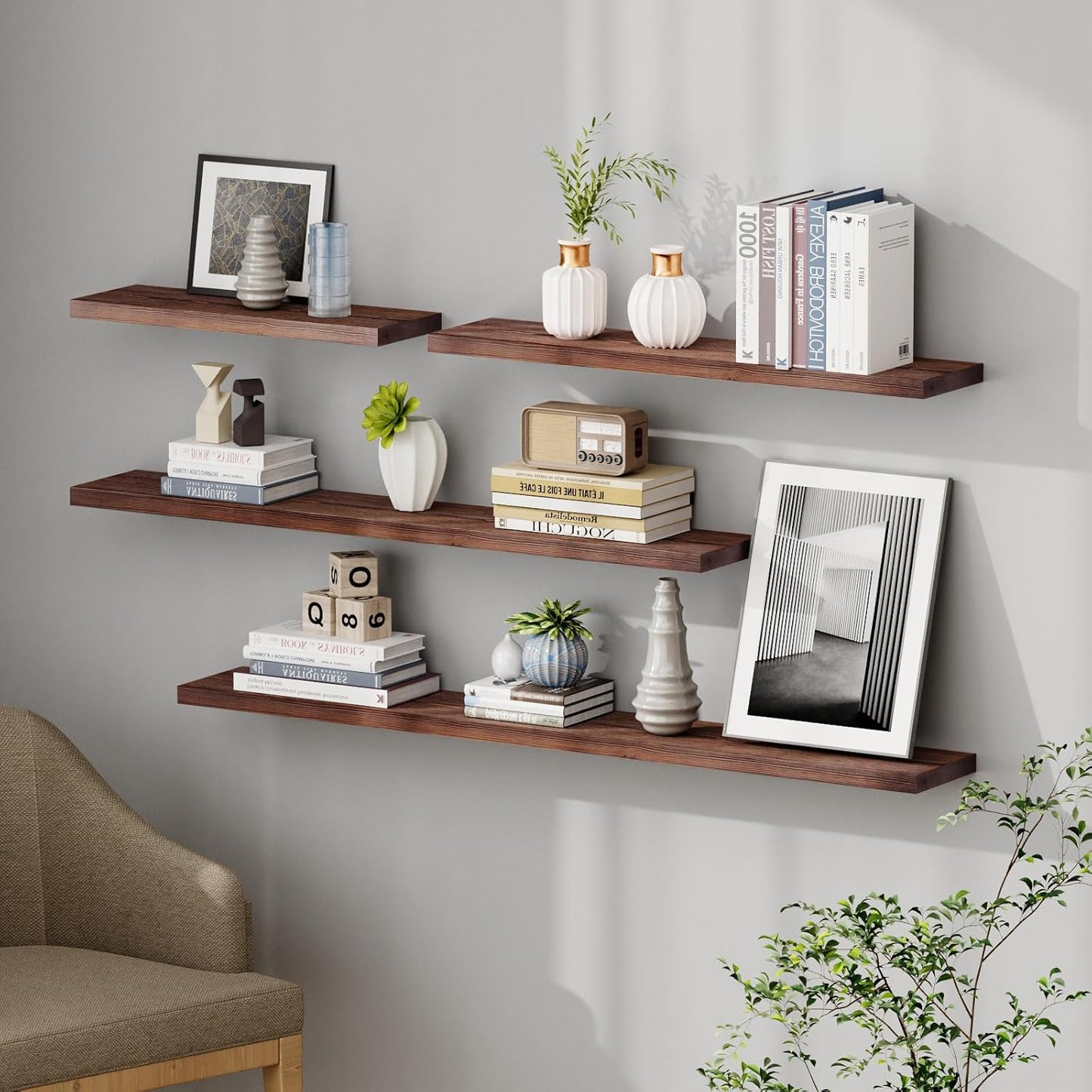 SAUMONIERES Floating Shelves 8 Inch Deep Solid Wood Wide Wall Shelf Set of 1 Wall Mounted for Bedroom Bathroom Living Room Kitchen, 55 Inch Walnut