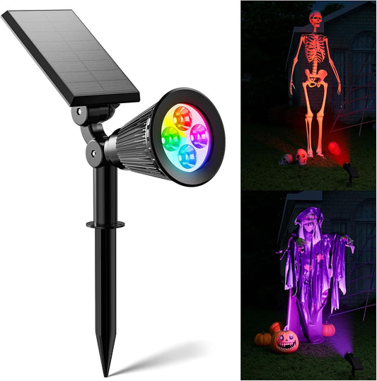 Color Changing Solar Spotlights Outdoor RGB Waterproof Landscape Flood Lights for Halloween Decorations, Skeletons, Tombstones, Pumpkin, Tree, Uplighting for Outside House, Wall, Yard, Garden, Pathway