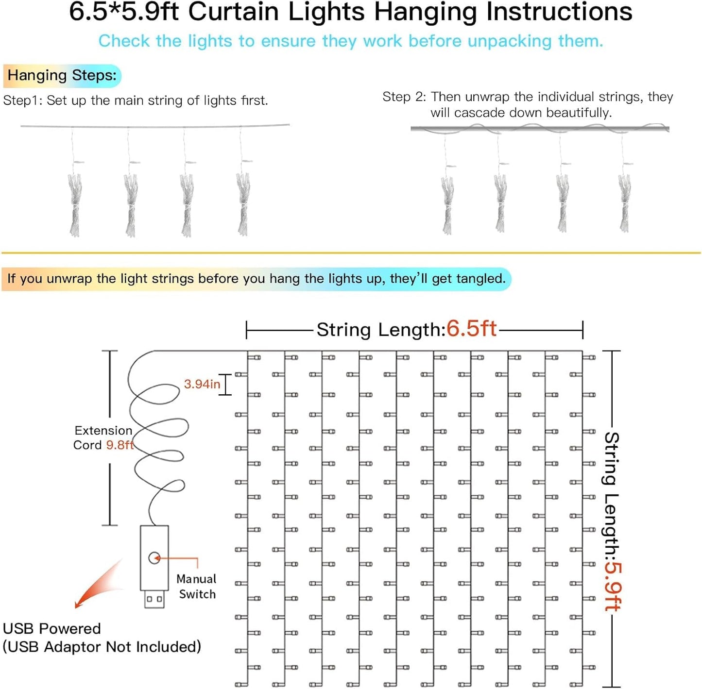 suddus Curtain Lights, 180 Led 6.5 * 5.9ft Sunset Curtain Fairy Lights USB, Hanging Lights for Bedroom, Backdrop, Room Decor, Wall, Window, Party, Tapestry, Multicolor
