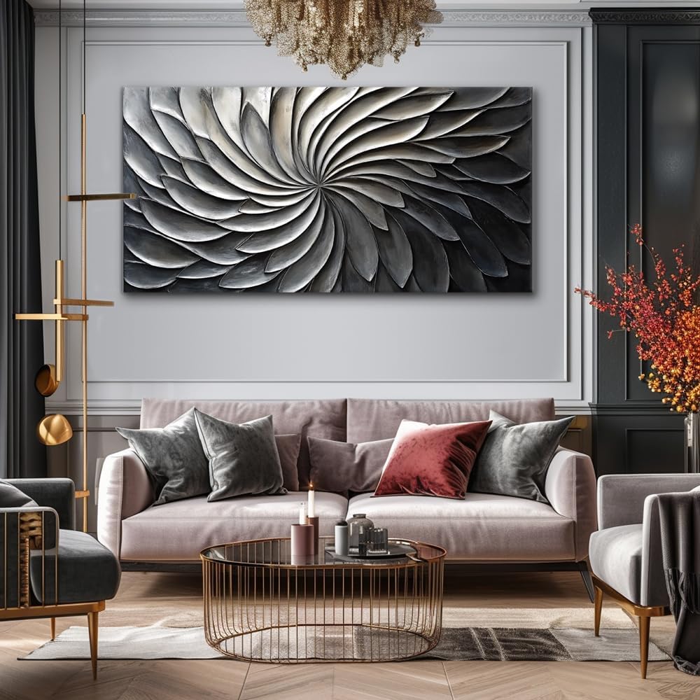 LASMOND Abstract Black and White Wall Art for Living Room Modern Canvas Print Painting Lines Flower Floral Large Artwork Bedroom Home Office Wall Décor (46x23 Inches)