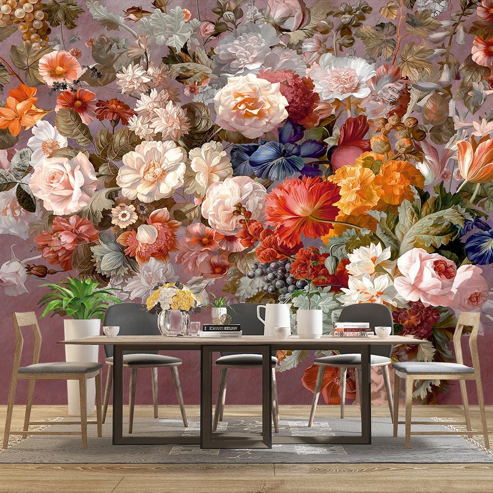 Colorful Floral Leaf Bathroom wallpeper Living Room Bedroom Pink Flower Wall Mural - 137"x96" (Not Peel and Stick)