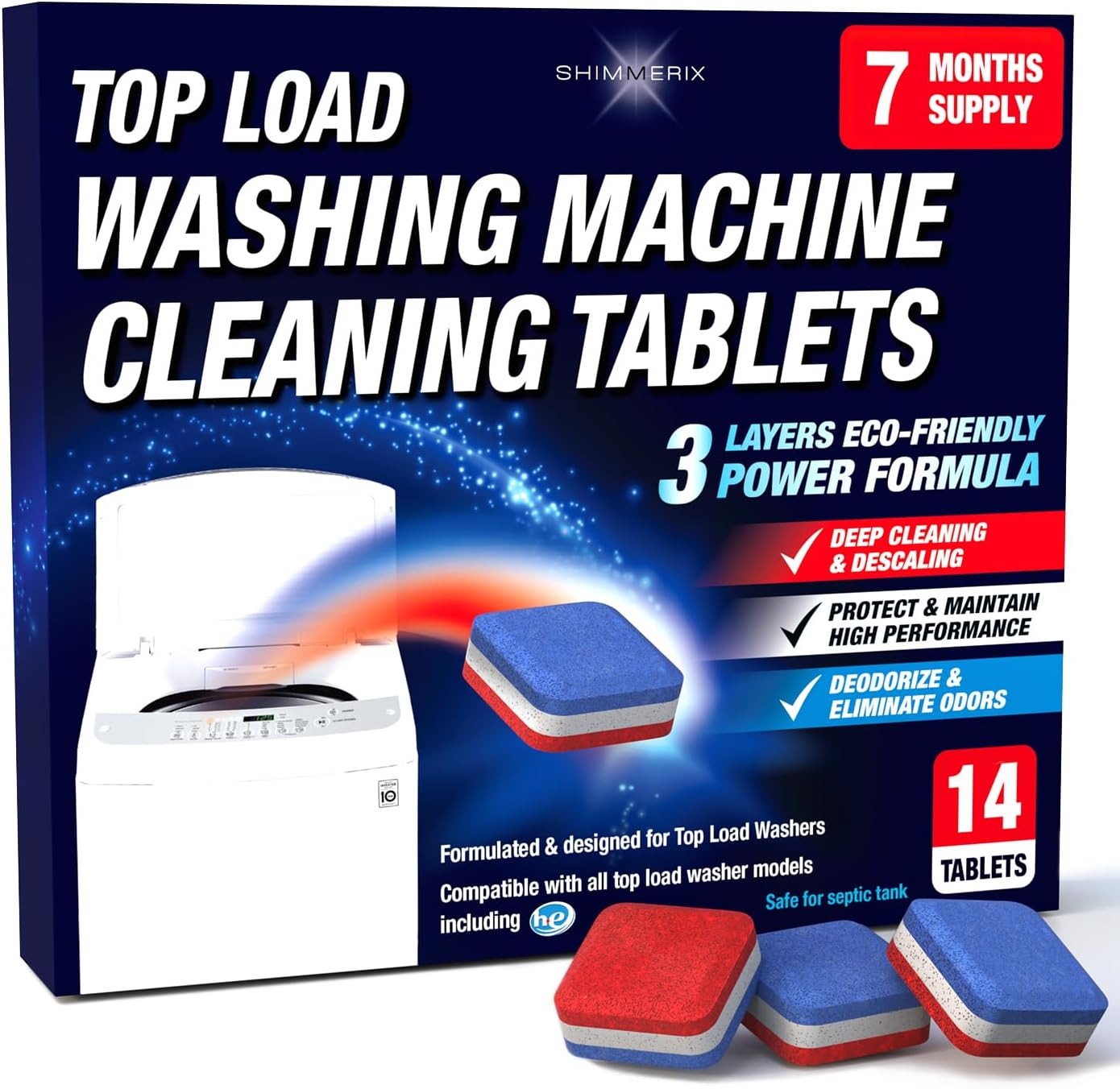 Washing Machine Cleaner Tablets 14 Pack for HE Top Load - Eco Friendly Washer Machine Cleaning Tablets - 3 Layers Septic Safe Wash Machine Full Deodorizer Descaler Protector - 1 Plus Year Supply