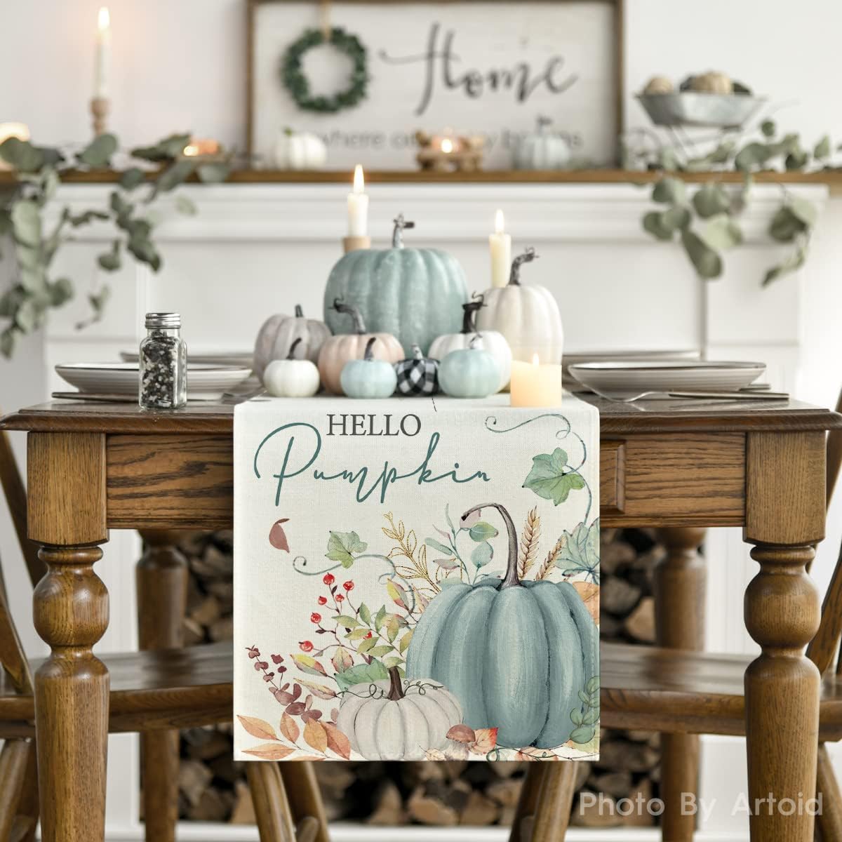 Artoid Mode Aqua Hello Pumpkin Leaves Fall Table Runner, Seasonal Autumn Kitchen Dining Table Decoration for Home Party Decor 13x120 Inch