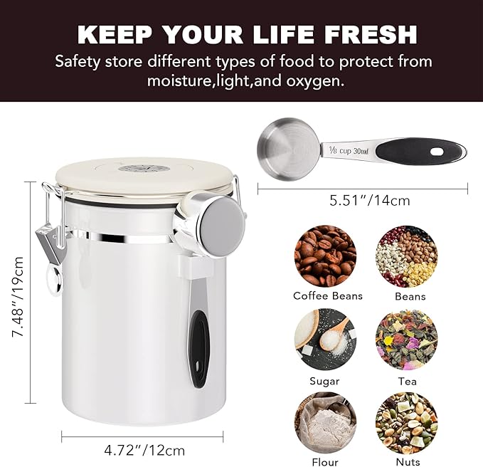 ShanSon Coffee Canister Airtight Coffee Container Stainless Steel Coffee Bean Storage Container with CO2 Release Valve and Scoop Coffee Canister for Beans,Grounds,Sugar,Flour,Tea,Cereal,22OZ,Off-White