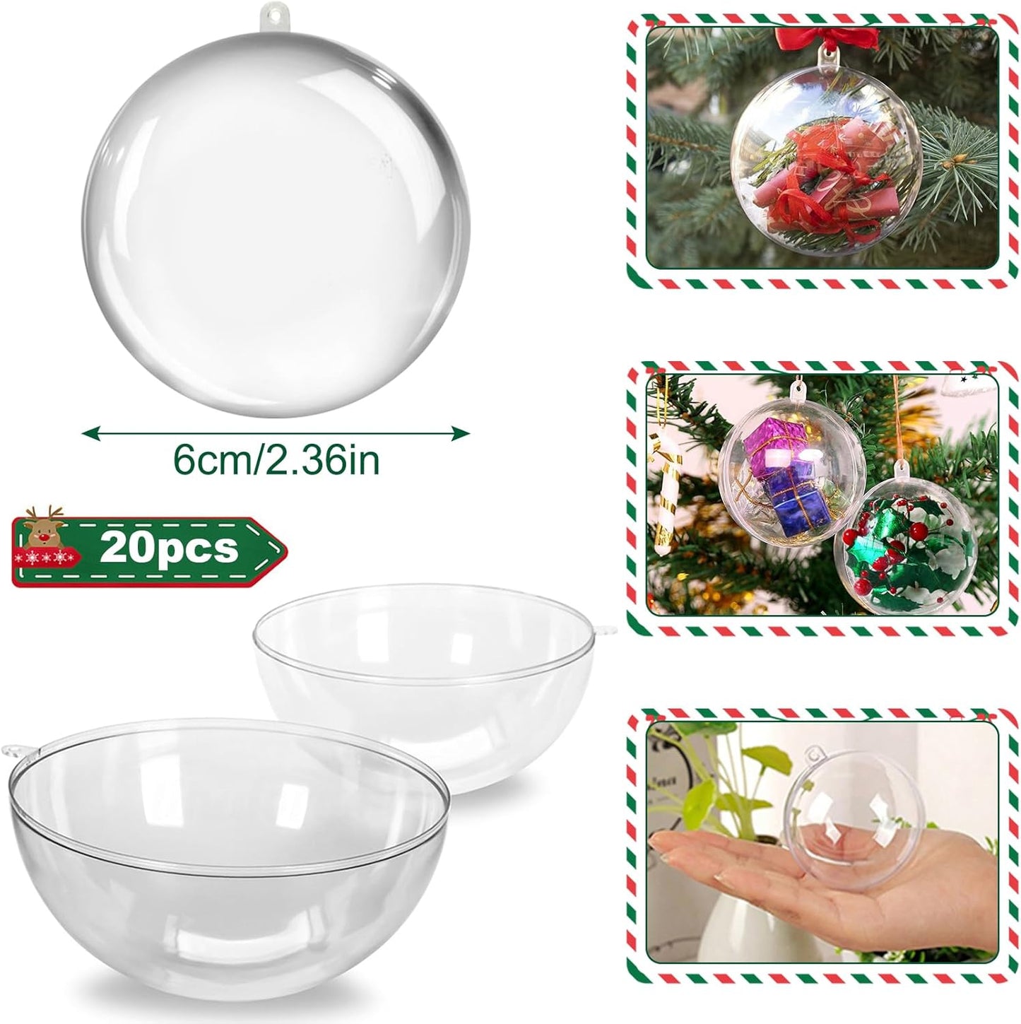 20PCS Christmas Ornaments,6CM Clear Plastic Ornaments Balls,Clear Christmas Ornament for Crafts,Acrylic Fillable Xmas Tree Ornament Balls for DIY,Wedding,Parclearty and Valentine's Day (M-6CM)