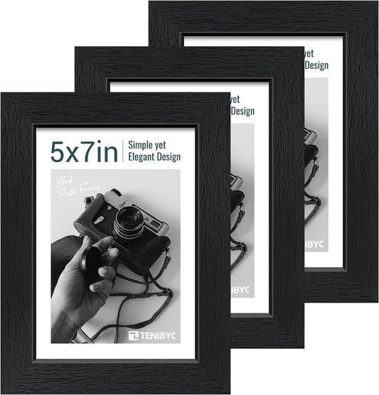 5x7 Picture Frame 3 Pack - Black Woodgrain, Solid Wood & HD Tempered Glass, Table Display or Wall Hanging