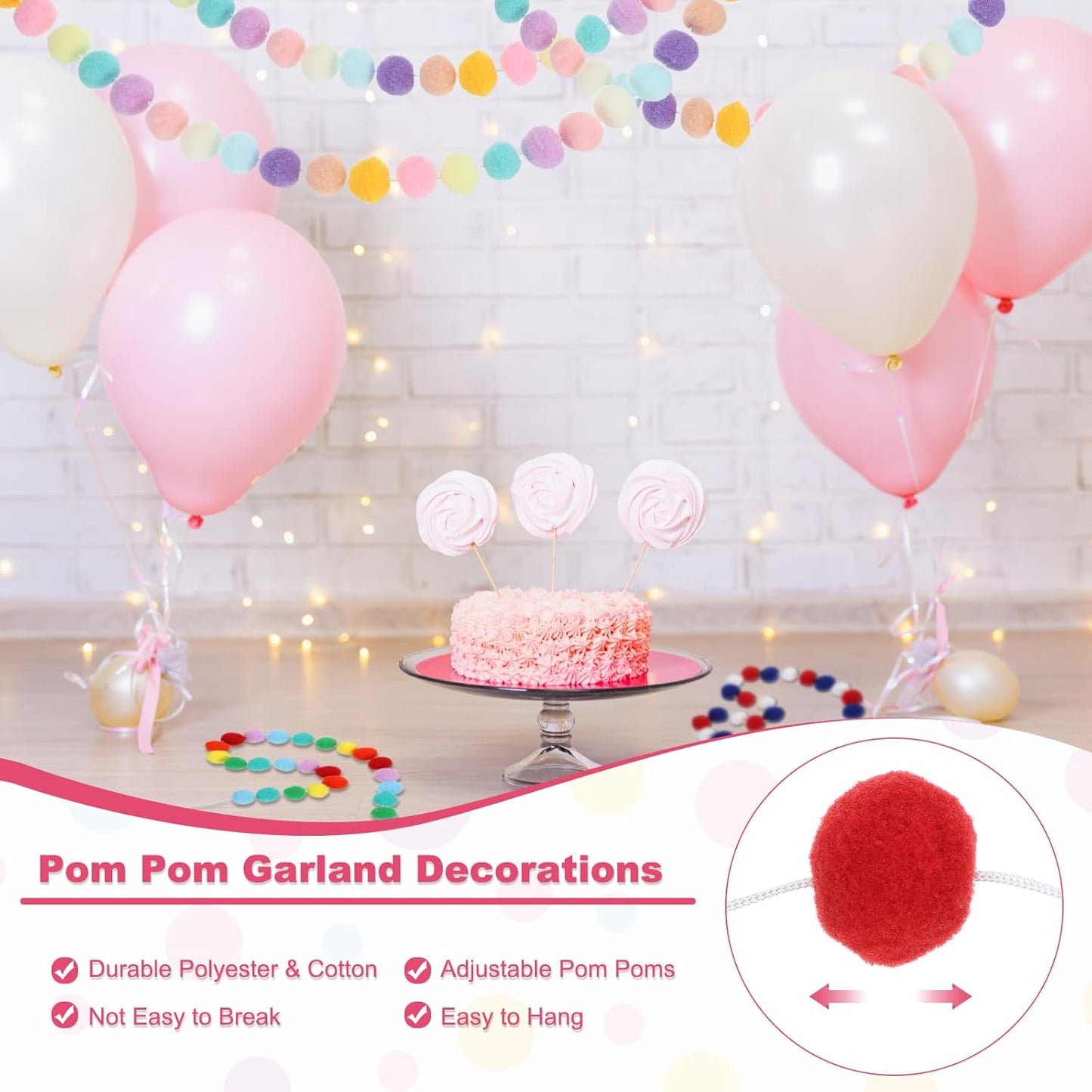 PATIKIL 26Ft Pom Pom Garland Decorations, 4Pcs Colorful Felt Ball Garland Banner Cute Rainbow Pompom Hanging Decorations for Tree Ornaments Homes Decor, Pink/White/Rose Red